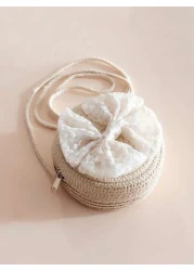 1pc Girls Lace Bowknot Straw Crossbody Bag Kids Coin Purse For Travel Beach