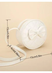 1pc Girl s White PU Shoulder Bag Fashionable Cute Bow Design Small Round Bag With Rhombus Embroidery Fits For Phone And Coins Zippered Closure Suitable For All Seasons