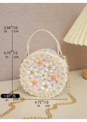 حقيبة كروس صغيرة مزينة بالأزهار لفتيات، ذات إغلاق سحاب دائرية، مناسبة للخروجات