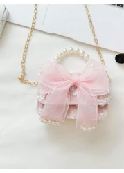 1pc Girls Polyester Cartoon Bow Pattern Crossbody Bag Cute Design For Outdoor Use