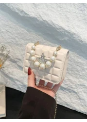 1 قطعة حقيبة مسائية مربعة ذات نجمة خماسية من اللؤلؤ وشبكة الماس، بتصميم فريد مزود بسلسلة كتف، مريحة وقابلة للا