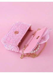 1pc Kids Sparkling Sequin Bow Decor PU Beaded Material Flap Closure Metal Chain Shoulder Strap Cute Beaded Handbag For Girls Sweet Shoulder Crossbody Bag For Snacks Coins Suitable For Christmas Birthd