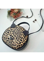 حقيبة جديدة للفتاة بطبعة فهد 1قطعة، حقيبة جلدية اصطناعية للهاتف المحمول بشكل قطة، حقيبة دائرية صغيرة جذابة وع