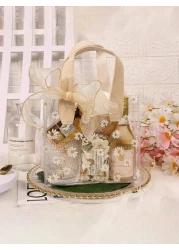 1 حقيبة بلاستيكية شفافة تطبع عليها زهور الأقحوان، حقيبة هلامية مطبوع عليها زهور رقيقة مع فيونكة للهدايا