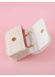 1pc Mini Girls Bowknot Pearl Lace PU Metallic Chain Flap Cover Cute Handbag Shoulder Bag Children Snack Bag For Casual Outings And Holidays
