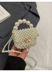 1pc Fashionable Solid Color Bow Pearl Mini Handbag Niche Design Shoulder Messenger Bag Casual Sweet Hollow Mini Change Lipstick Bag Suitable For Teenagers To Travel Shopping Party Date And Daily Use I