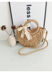 حقيبة كتف واحد رسمية عصرية قابلة للسحب من أعلى، قطعة واحدة، زخرفة فراشة مضفورة، حقيبة قش للفتاة بطراز شاطئي