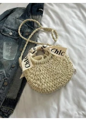 حقيبة كتف/متقاطعة بمقبض منسوج مطرز بالأحرف، حقيبة شاطئ/عطلة