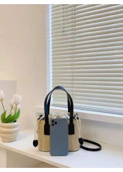 حقيبة كتف من القش المنسوج للفتيات، حقيبة كاجوال مربعة صغيرة بسيطة وعصرية