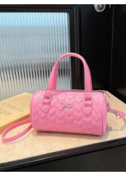 1 Pc New Design Girls Solid Color Heart Quilted Pattern Pu Material Barrel Shaped Handbag Adjustable Detachable Shoulder Strap For Crossbody Or Hand Carry Zipper Closure Stylish And Versatile For Outi