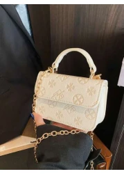 1pc Fashionable And Simple Printed Handbag Letter Embossed All Match Mini Handbag Small Square Bag Change Lipstick Bag Pu Material With Fashionable Chain Shoulder Strap Magnetic Buckle Flap Opening An