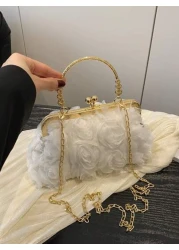 1pc Sweet Handbag Clip Opening And Closing Chiffon Three Dimensional Flower Evening Bag Champagne Color Ladies Cheongsam Bag Handmade Dress Bag Chain Decoration Bag Handbag Exquisite And Versatile Sui