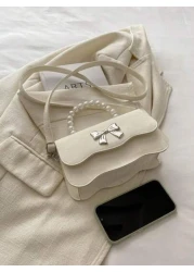 Fashionable Pearl Handbag Shoulder Bag Solid Color Design 2025 New Chic Fresh Butterfly Texture Small Square Bag