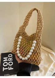 1pc Handbag Open Top Opening And Closing Niche Pearl Hollow Design Bag For Girl New Summer Fashion Braided Small Bag Casual And Versatile Beach Bag Suitable For Daily Outings And Vacations A Perfect G