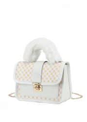 1pc Girl s Vintage Printed Plush Handbag Cute Metal Chain Crossbody Bag Casual Mobile Bag Ideal Choice For Gifts