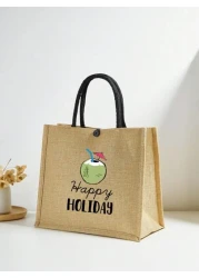 1 Pc Simple Linen Summer Element Print Tote Bag For Big Children Large Capacity Travel Bag Square Bag Gift Bag Shopping Bag Portable Button Closure Handbag For Daily Class And Back To School Shopping