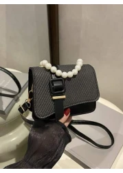 1pc Pu Fashion Splicing Pearl Chain Handbag Korean Princess Fashion Small Square Bag Flip Magnetic Buckle Closure Strap Decoration Niche Design Suitable For Daily Use When Shopping Sweet And Literary