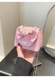 1 Piece Pu Magnet Closure Fashion Sweet Lychee Pattern Faux Pearl Bow Handbag Niche Design Highly Attractive Chain Mini Shoulder Crossbody Change Lipstick Bag Suitable For Teenagers Travel Shopping Pa