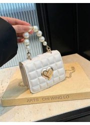 1pc Cute Sweet Messenger Bag Korean Style Fashion Coin Purse Solid Color Casual Pu Texture Small Square Bag Handbag Pearl Handle Chain Shoulder Strap Lock Buckle Fashion Chain Messenger Bag Fashion Pr