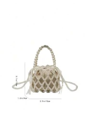 1pc Girls Plastic Nylon French Retro Beaded Bucket Pearled Handbag Suitable For Spring Summer Daily Use Crossbody Vertical Or Horizontal Random Inner Lining Random