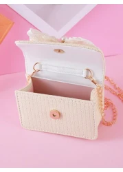1pc Mini Kids Crossbody Bag Beige Woven Bag With Hanging Beads Bowknot Decor Metal Chain And Buckle Closure With Pearl Handle Suitable For Girls Casual Use Festivals And Daily Life