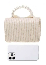 Straw Crossbody Bag Portable Faux Pearl Beaded Lace Bow Decor Handbag Ideal Gift Choice