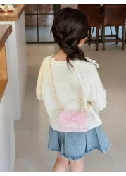 1 Pc Mini Fashion Shiny Young Children Pearl Handbag Chain Crossbody Bag Flip Bag Samll Square Bag Kawaii Princess Bag Toddler Coin Purse Cute Candy Storage Bag Portable Light Sweet Big Lace Bow Sequi