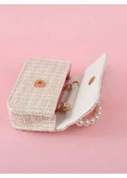 1pc Kids Large Size Pearl Bow Decor PU Solid Striped Pattern Snap Closure Metal Chain Strap Cute Simple Beaded Handbag Crossbody Bag For Girls Fit For Daily And Holiday Use