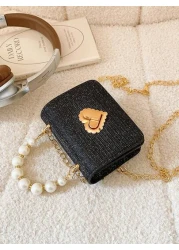 حقيبة يد صغيرة معدنية بسلسة لؤلؤية، حقيبة كتف صغيرة للأطفال، حقيبة صغيرة مربعة