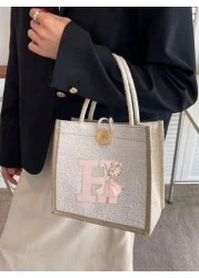 1 Piece Pink Floral Letter Printed Handbag Holiday Gift Bag Storage Bag Shopping Bag Multifunctional Lightweight Daily Travel Vacation Outdoor Shopping Supermarket Holiday Classic Simple Solid Color C