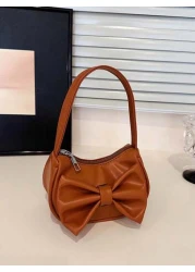 1pc Handbag Pu Zipper Opening And Closing New Style Small Elegant And Sweet Handbag Shoulder Bag Korean Style Small Bag Textured Bow Shoulder Bag Comfortable Shoulder Strap Suitable For Daily Outings