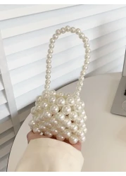 1pc Girls Solid Color Cute Handmade Pearl Beaded Open Mouth Handbag Suitable For Holiday Decoration