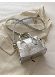 1 Pc New Small Capacity Glossy Pu Material Diamond Diamond Grid Handbag With Interchangeable Metal Strap Handheld And Crossbody Fashion Forward For Travel Commuting Parties Shopping And Gift For Frien