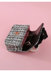 1pc Mini Kid s Fabric Bowknot Rhinestone Pearl Decor Striped PU Magnetic Closure Chain Strap Fashion Handbag Shoulder Bag Cute Girls Princess Bag Suitable For Holidays Daily Use And Birthday Gift