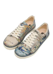 Dogo Women's Vegan Leather Beige Sneakers - Watercolor And Sailors Design