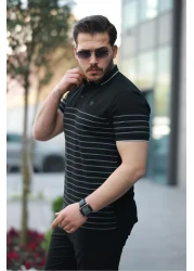 Miron تي شيرت أسود مخطط بياقة بولو وأكمام قصيرة-2515