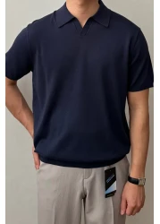 Tarz Cool Men's Navy Blue Placket Short Sleeve Polo Neck Knitwear T-Shirt