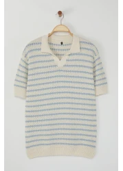  Collection Ecru Regular Striped Textured Knitwear Polo Neck T-Shirt Tmnss25Po00007