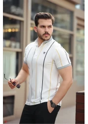Miron White Vertical Striped Polo Neck Short Sleeve T-Shirt - 2502