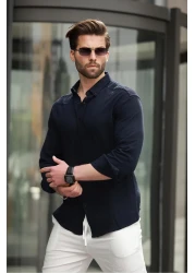 Madmext Navy Blue Basic 100% Cotton Long Sleeve Men's Shirt E6761