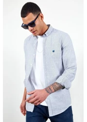 Manche Men's Navy Blue Embroidered Linen Shirt - Mes116488-01