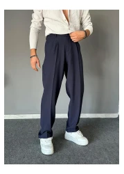 THEMANN Elastic Waist Pleated Navy Blue Baggy Fit Trousers
