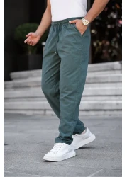 MY VİNTAGE بنطال رجالي صيفي مريح من مزيج الكتان بقصة واسعة للاسترخاء