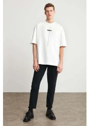 GRIMELANGE Project Men's Print Detailed Oversize 100% Organic Cotton Knitted Crew Neck White T-Shirt