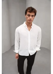 Bürke Summer Linen Textured Long Sleeve White Men's Shirt