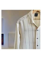 Hazhers قميص كتان كبير الحجم للرجال - كريمي، كم طويل، طوق القميص