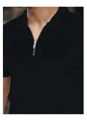 caddekombin David Men's Zippered Polo Neck Cotton Fabric Black Short Sleeve T-Shirt