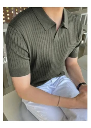 Tarz Cool Khaki Men's Ribbed Polo Collar Knitwear T-Shirt