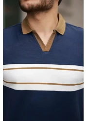 Miron Navy Blue White Two Color Polo Neck Short Sleeve T-Shirt-2514