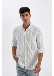 Defacto Oxford Polo Neck Stripe Shirt - Regular Fit, Long Sleeve, Button, Cotton D3500Ax24Au
